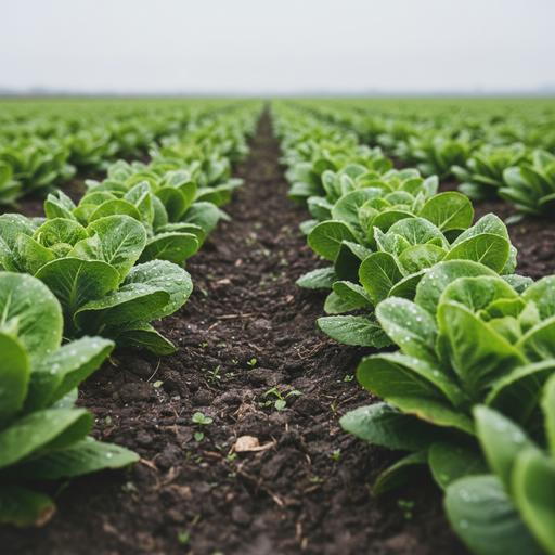 Крупный план грядки со свежими зелеными листьями салата-латука, растущего в плодородной темной почве.