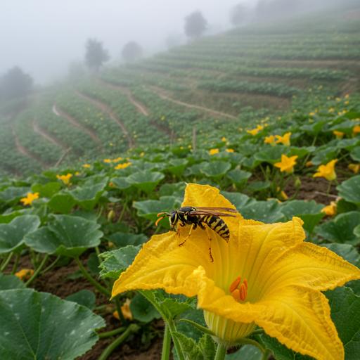 Крупный план осы на желтом цветке тыквы в поле. На заднем плане видны ряды сельскохозяйственных культур на склоне.