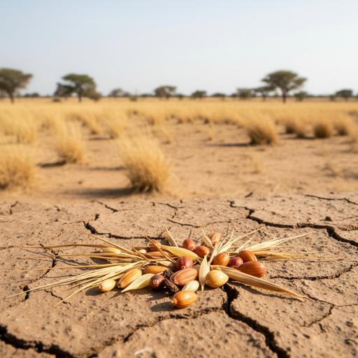 Крупный план семян диких злаковых растений на сухой, потрескавшейся почве саванны в Нигерии.