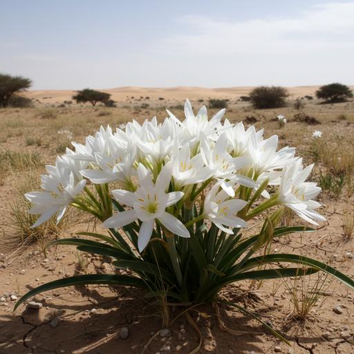 Крупный план белых цветов растения Панкраций на сухой песчаной почве в пустынном ландшафте Раджастана, Индия.