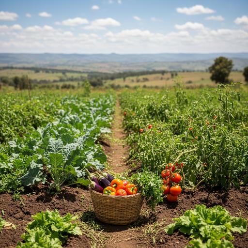 Плетёная корзина со свежими овощами на фоне ухоженных грядок на ферме в холмистой местности Танзании.