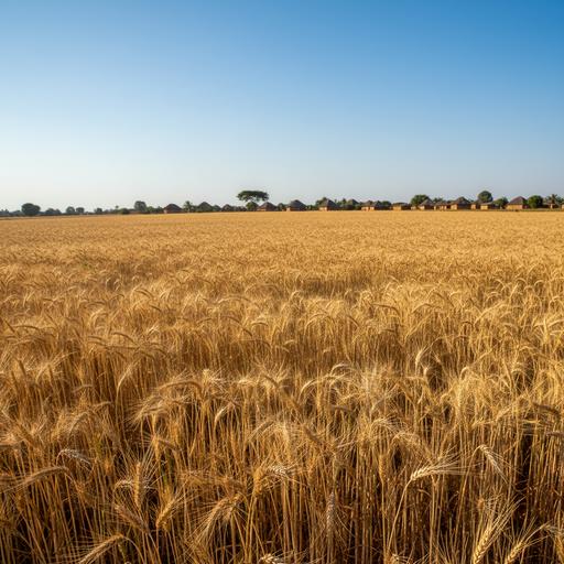 Золотистое пшеничное поле под ясным небом в Гане, готовое к сбору урожая. Пейзаж символизирует аграрный потенциал.