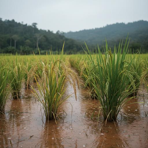 Ряд пожелтевших больных ростков риса рядом со здоровыми зелеными растениями на заливном рисовом поле.