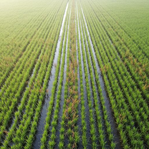 Беспилотник летит над залитым водой рисовым полем, на котором видны зеленые ростки риса и участки с сорняками.