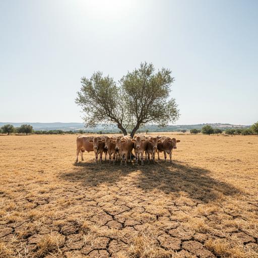 Стадо коров на выжженном солнцем сухом пастбище ищет тень под одиноким деревом в условиях сильной жары и засухи.