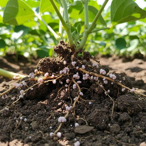 Корни растения коровий горох (вигна) с многочисленными клубеньками в разрезе плодородной, темной почвы крупным планом.