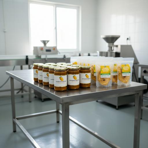 Стеклянные банки с манговым чатни и упаковки с сушеными ананасами на столе в цехе пищевого производства в Гане.