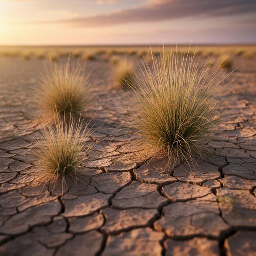 Пучки травы Lasiurus sindicus, пробивающиеся сквозь сухую растрескавшуюся землю в засушливой пустынной местности.