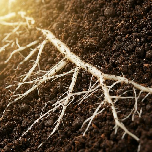 Крупный план здоровых корней растения, проникающих в темную, плодородную почву. Развитая корневая система в богатом грунте.