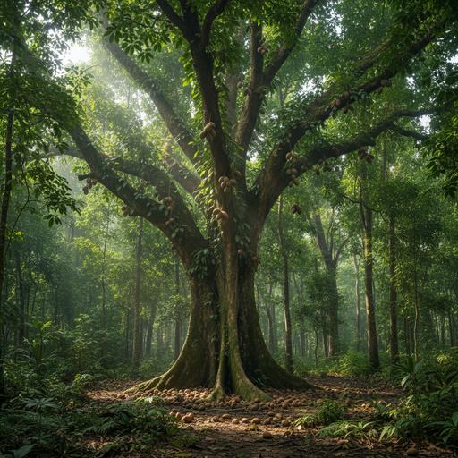 Могучее африканское масляное дерево Canarium schweinfurthii в тропическом лесу. На ветвях и на земле лежат его орехи.