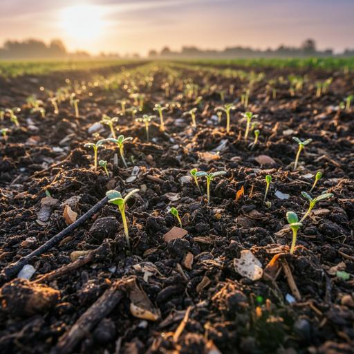 Крупный план плодородной почвы, покрытой темным биокомпостом, из которого пробиваются маленькие зеленые ростки растений.