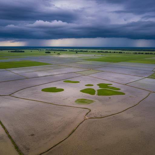 Климат угрожает рису в Бангладеш: как фермеры спасают урожай Затопленное рисовое поле в Бангладеш после сильного дождя, зеленые ростки риса пробиваются сквозь воду.