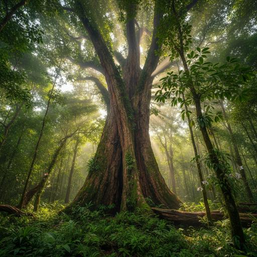 Высокое дерево Goniocheton arborescens с блестящими листьями в густом тропическом лесу Индии, залитом солнечным светом.