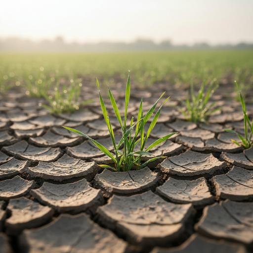 Крупный план: зеленые ростки пшеницы пробиваются сквозь сухую потрескавшуюся почву в засушливом поле.