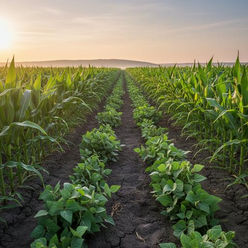 Сельскохозяйственное поле с совмещенными посадками: ровные ряды кукурузы чередуются с рядами бобовых растений на плодородной почве.