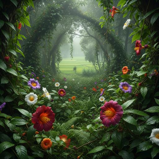 Густая растительность джунглей в индийском штате Уттар-Прадеш. Разнообразные цветущие дикие растения на переднем плане.