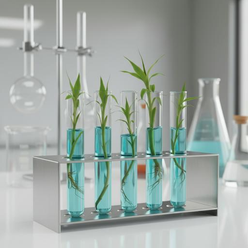 Молодые побеги бамбука, выращиваемые в стеклянных пробирках с питательным гелем в научной лаборатории.