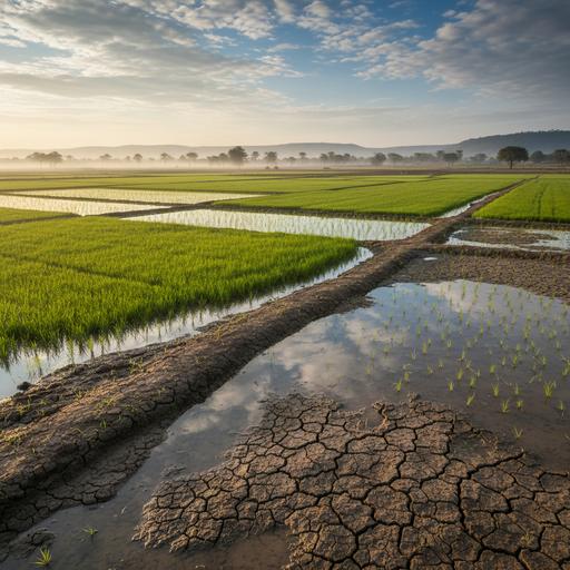 Рисовое поле в Африке с зелеными ростками. Часть поля залита водой, другая — сухая, потрескавшаяся земля на фоне саванны.