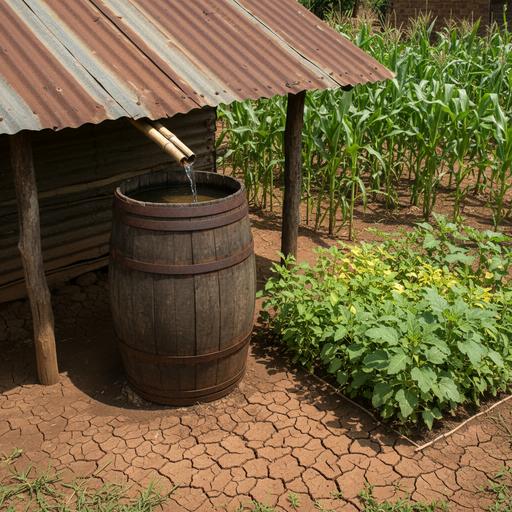 Информация помогает фермерам Ганы адаптироваться к изменениям климата Бочка для сбора дождевой воды рядом с небольшим огородом с разными культурами на фоне сухой, потрескавшейся земли в сельской местности Ганы.