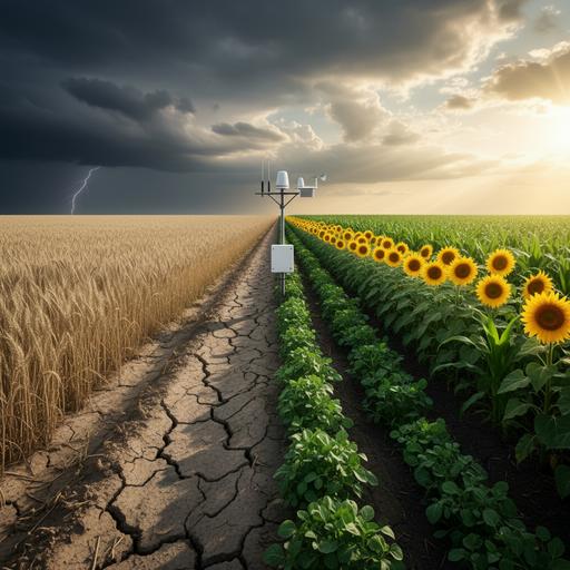 Контрастное поле: слева сухая почва и увядающая монокультура, справа — здоровые и разнообразные сельскохозяйственные растения.