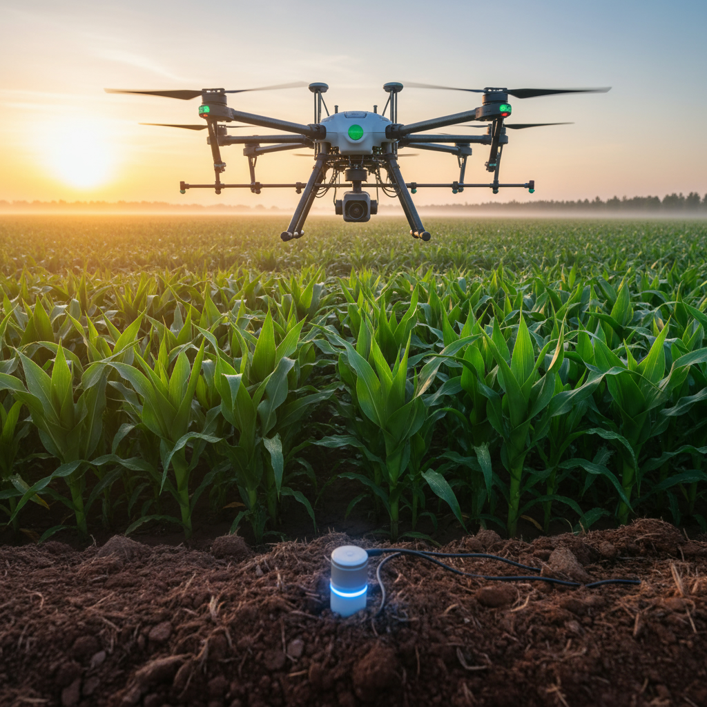 Сельскохозяйственный дрон летит над зеленым полем кукурузы, в земле виден датчик для сбора данных об урожае.