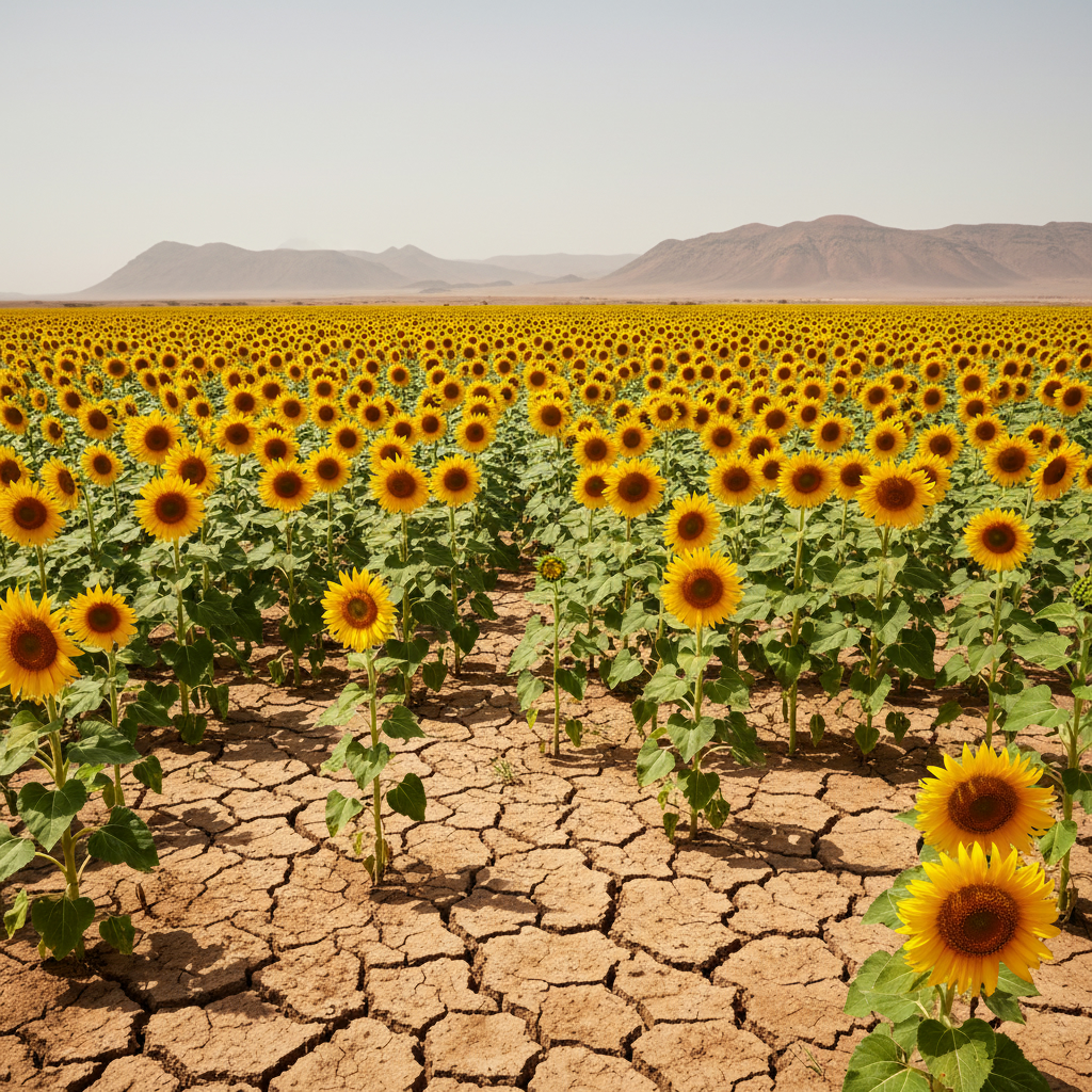 Поле цветущих подсолнухов в засушливом, солнечном регионе Эфиопии. Сухая, потрескавшаяся земля на переднем плане.