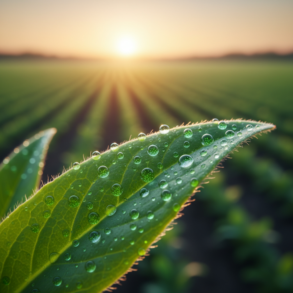 Крупный план зеленого листа растения с каплями росы на фоне размытого сельскохозяйственного поля на рассвете.