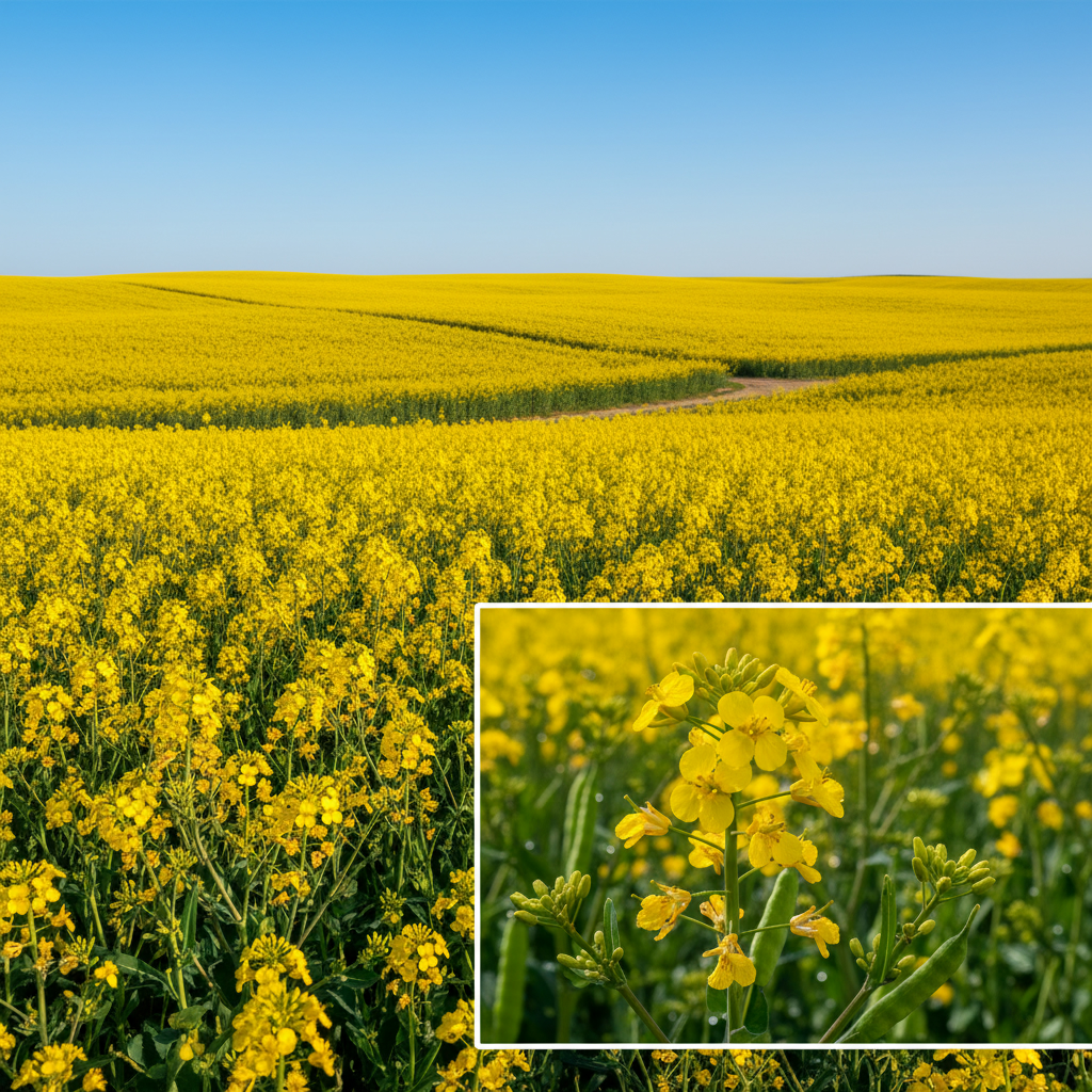 Бескрайнее поле цветущего рапса с ярко-желтыми цветами. Крупный план на стручки и соцветия растения на переднем плане.