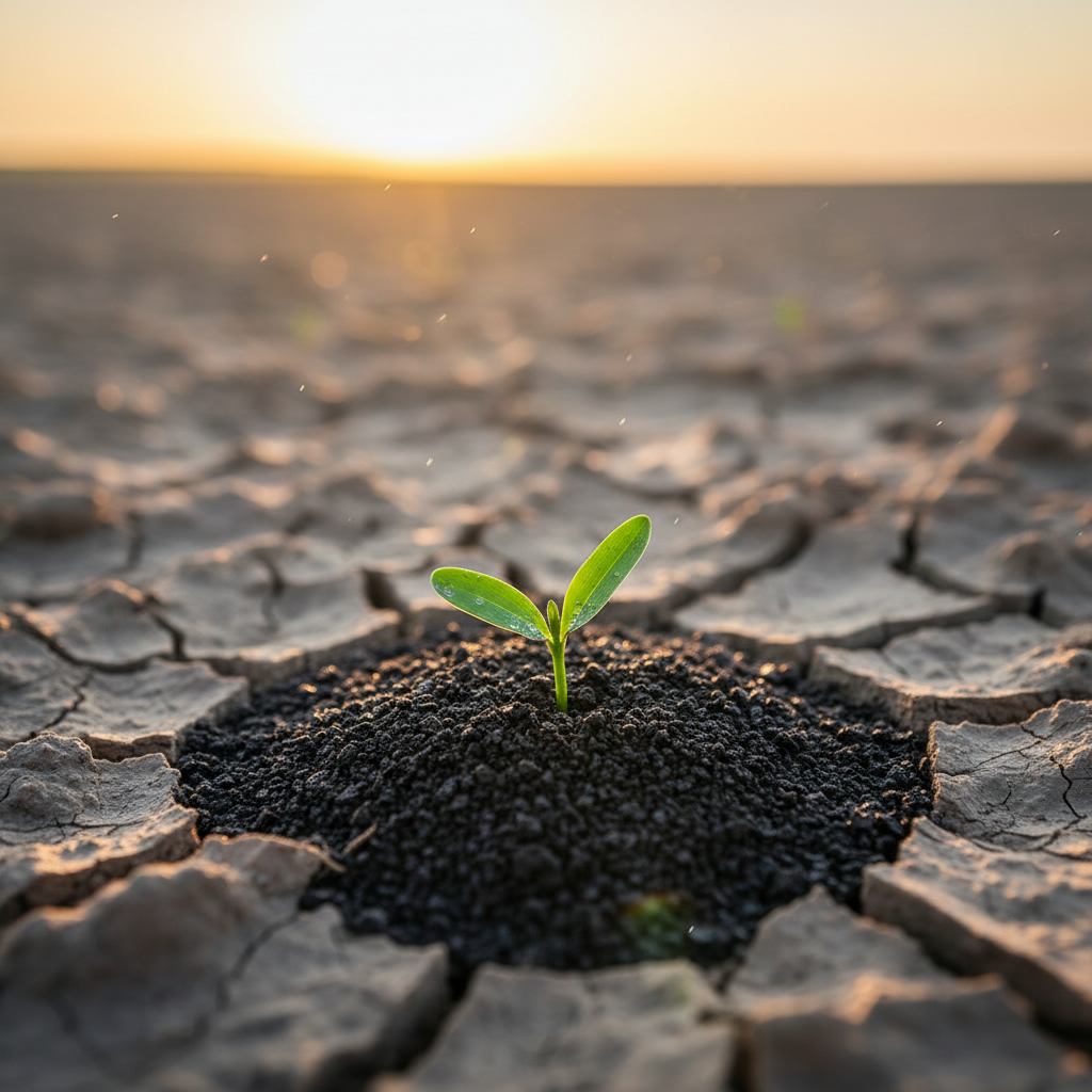 Почвенные добавки как способ борьбы с засухой в сельском хозяйстве Зеленый росток пробивается сквозь сухую растрескавшуюся землю, обогащенную темными частицами почвенной добавки.