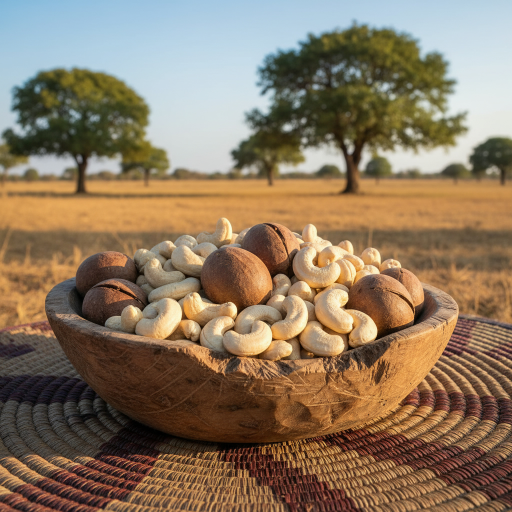 Деревянная миска с сырыми орехами кешью и ши на плетеном коврике на фоне солнечного африканского пейзажа с деревьями.