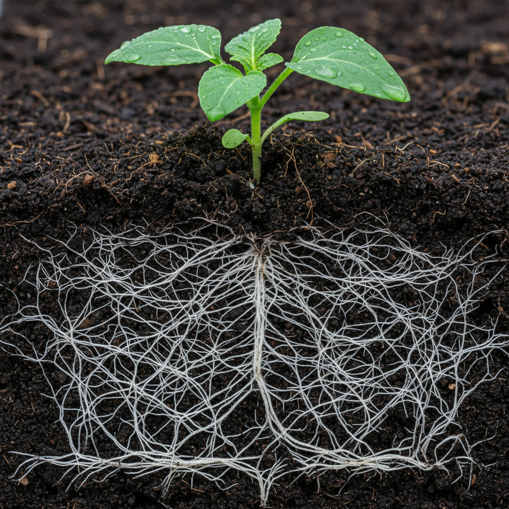 Крупный план поперечного среза почвы с густой и развитой корневой системой молодого зеленого растения.