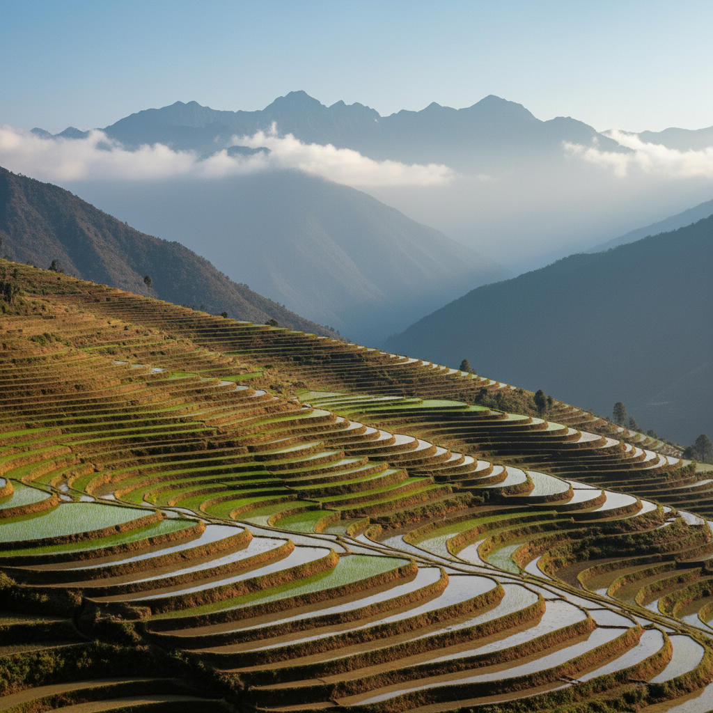 Террасные рисовые поля на склонах гималайских гор в Бутане. Зеленые посадки риса в залитых водой полях на фоне горного пейзажа.