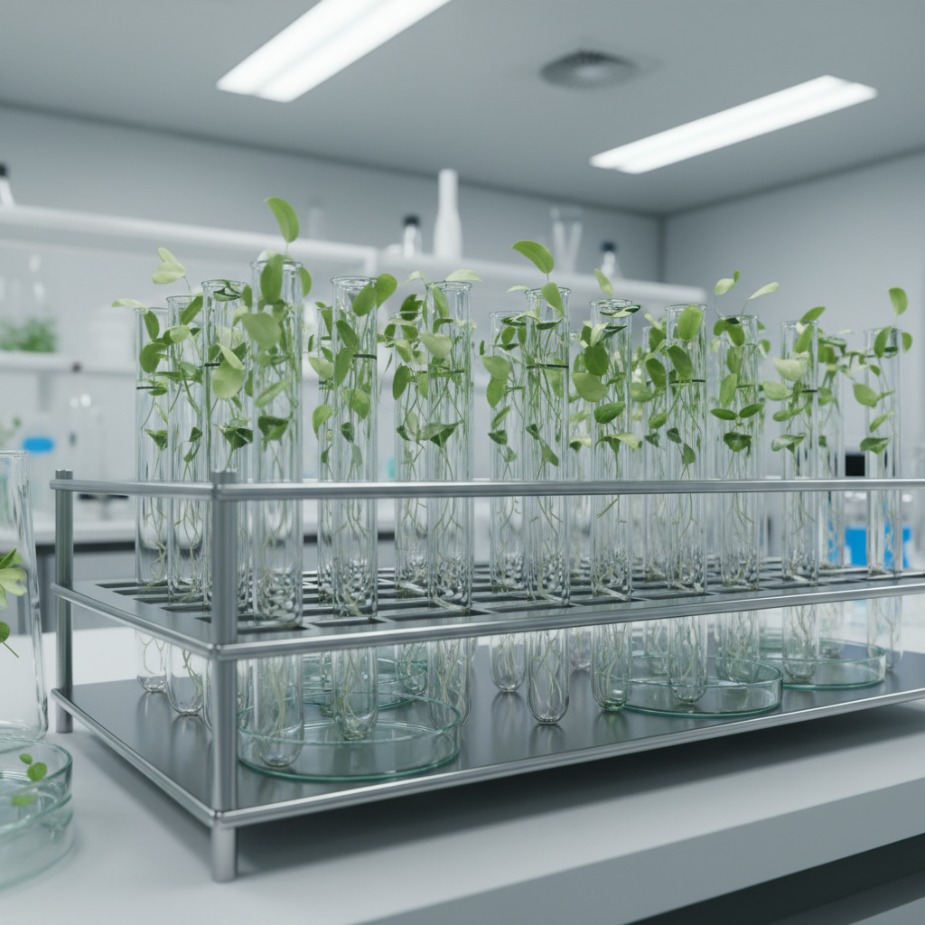Ряды стеклянных пробирок в лабораторном штативе. Внутри каждой пробирки в питательном геле растет маленький зеленый саженец растения.