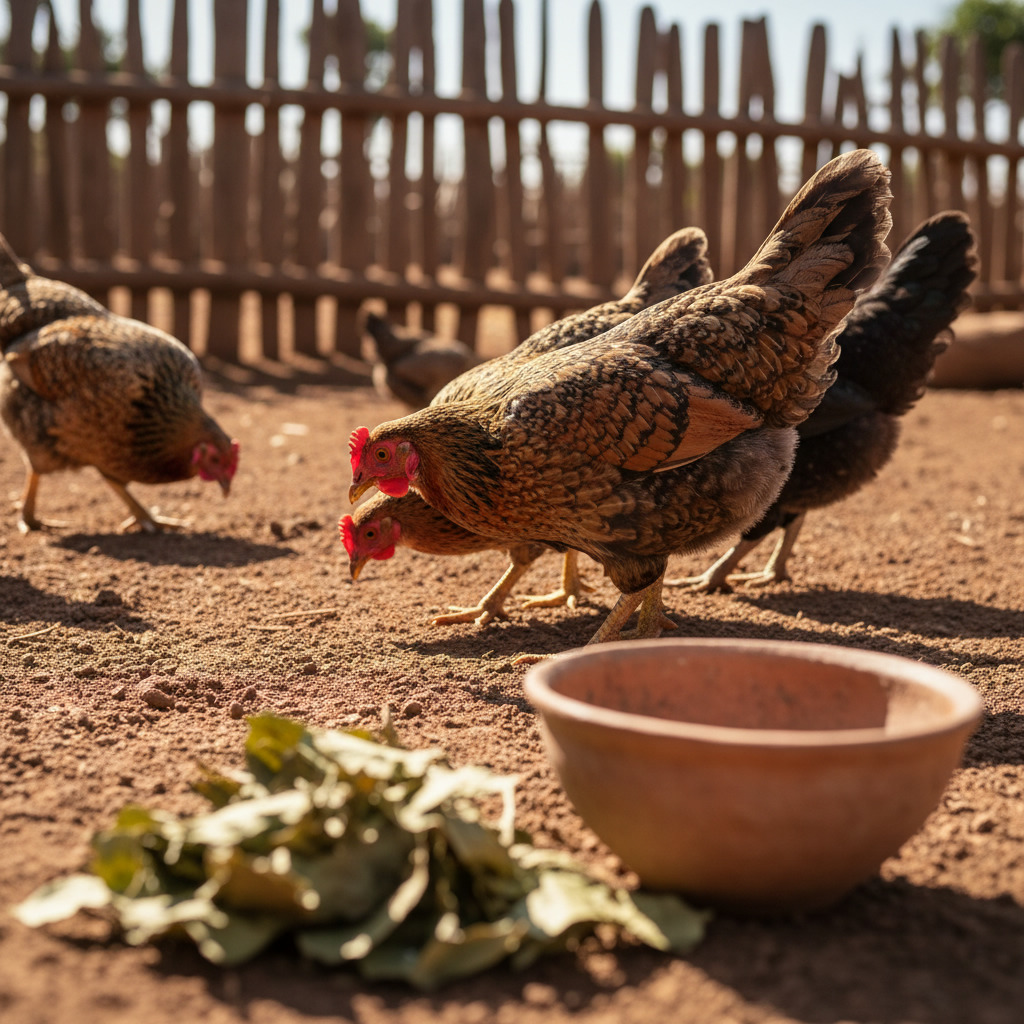 Здоровые куры в загоне на эфиопской ферме. Рядом лежат сушеные листья растений для приготовления натурального средства от паразитов.