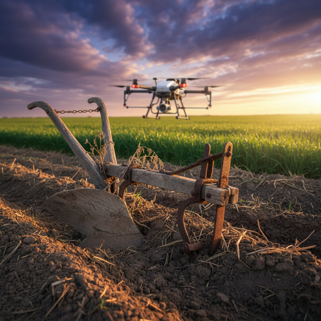 Ключевые барьеры на пути к «умному» сельскому хозяйству в мире Старый деревянный плуг в борозде на вспаханном поле. На заднем плане над зелеными всходами летит современный сельскохозяйственный дрон.