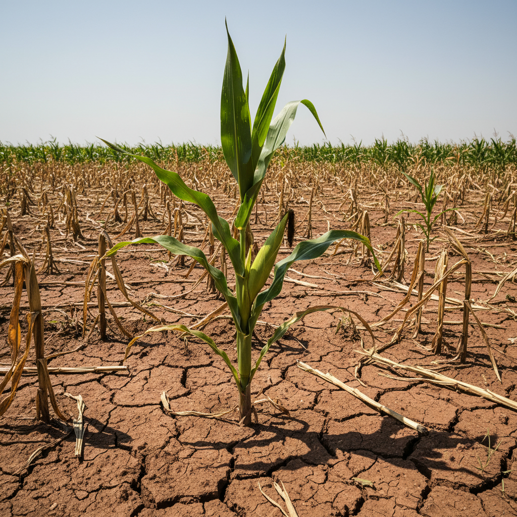 Одинокое зеленое растение кукурузы с початками в поле с сухой, потрескавшейся от засухи почвой.
