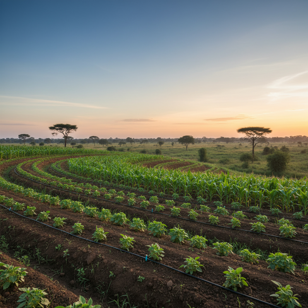 Зеленые террасные поля с посадками кукурузы и бобов в сельской местности Танзании. Видна система капельного орошения.