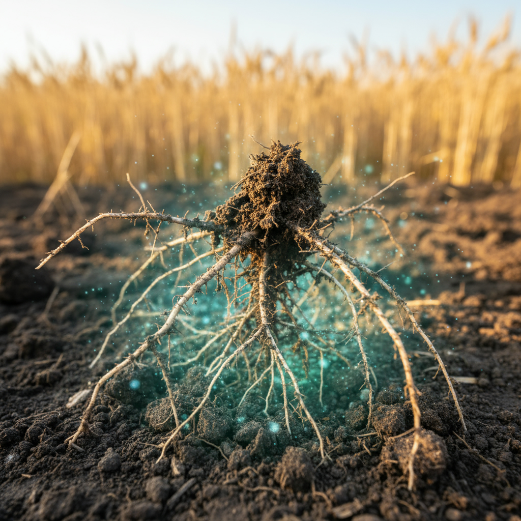 Биологическая защита пшеницы: бактерии заменят химические пестициды Крупный план корневой системы пшеницы в темной плодородной почве. Золотые колосья на размытом фоне солнечного поля.
