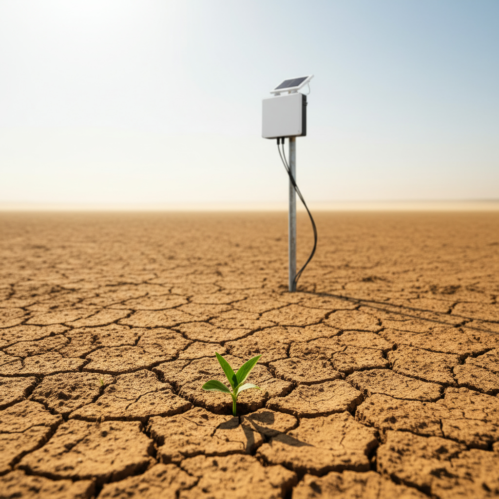 Новые агротехнологии для защиты урожая от климатических изменений Зеленый росток пробивается сквозь сухую растрескавшуюся землю в поле на фоне сельскохозяйственного датчика.