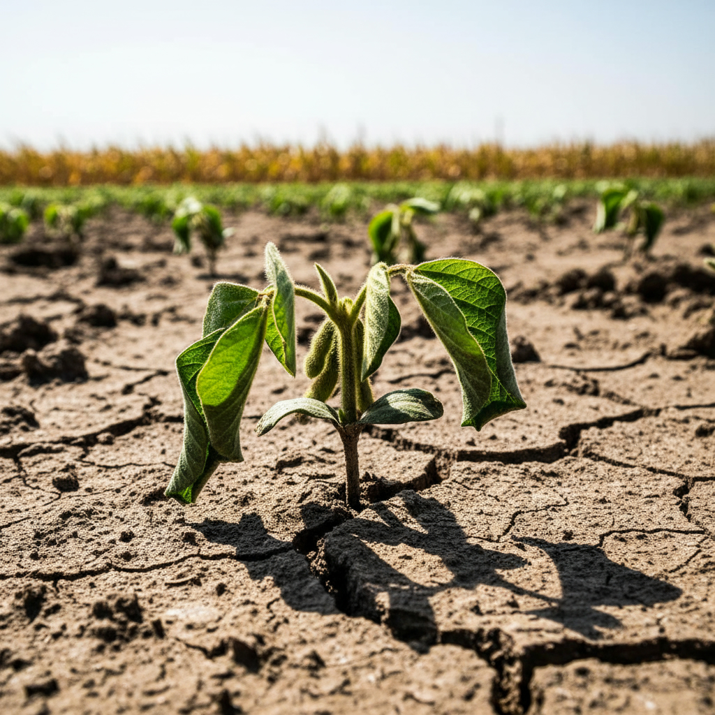 Молодое сельскохозяйственное растение с увядшими листьями в сухой, потрескавшейся от засухи земле под палящим солнцем.