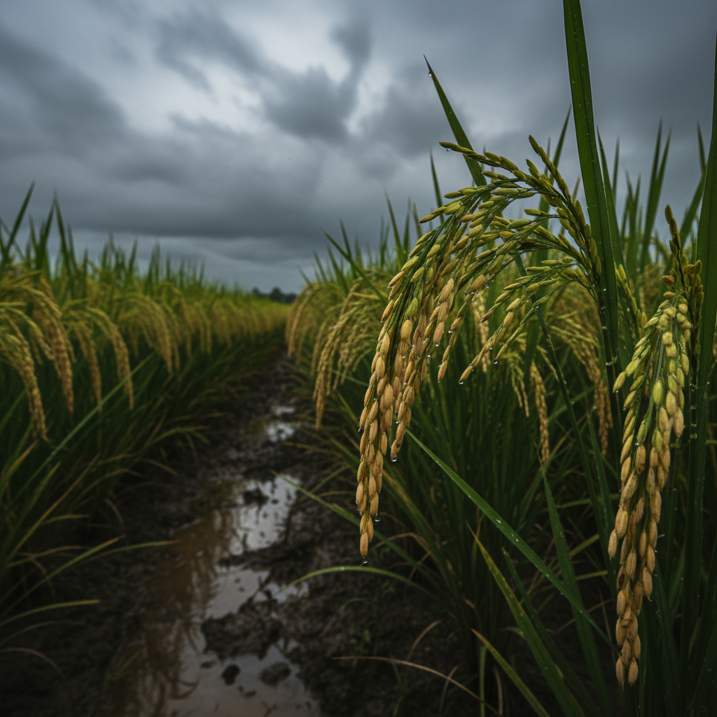 Новое исследование: микроэлементы повышают качество риса при нехватке света Крупный план зрелых колосьев риса с зернами в каплях влаги на фоне зеленого поля под пасмурным небом.
