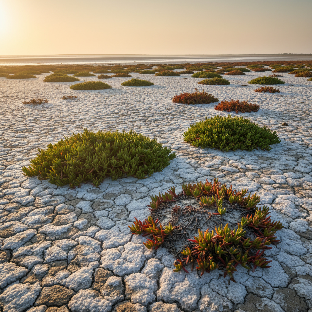 Биоразнообразие солеустойчивых растений улучшает почву в засушливых зонах Засушливый солончак на побережье с потрескавшейся землей, где сквозь соляную корку пробиваются редкие зеленые и красные растения.