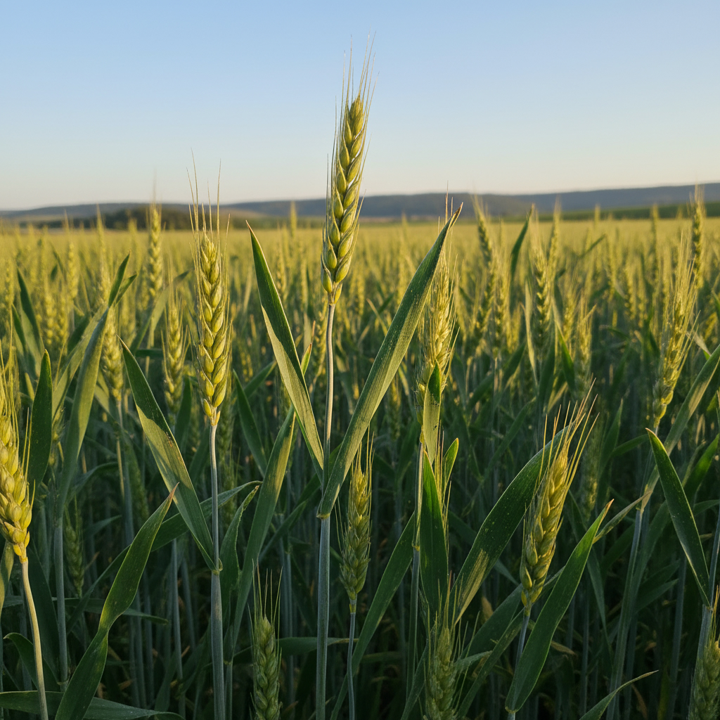 Крупный план здоровых колосьев пшеницы в поле на рассвете. Зеленые стебли и листья символизируют богатый урожай.