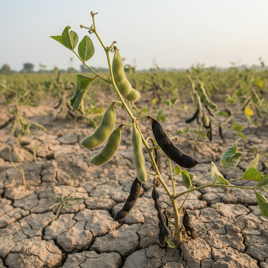 Крупный план стручков черного маша (вигна мунго) на растении в поле. Почва сухая и потрескавшаяся от засухи.