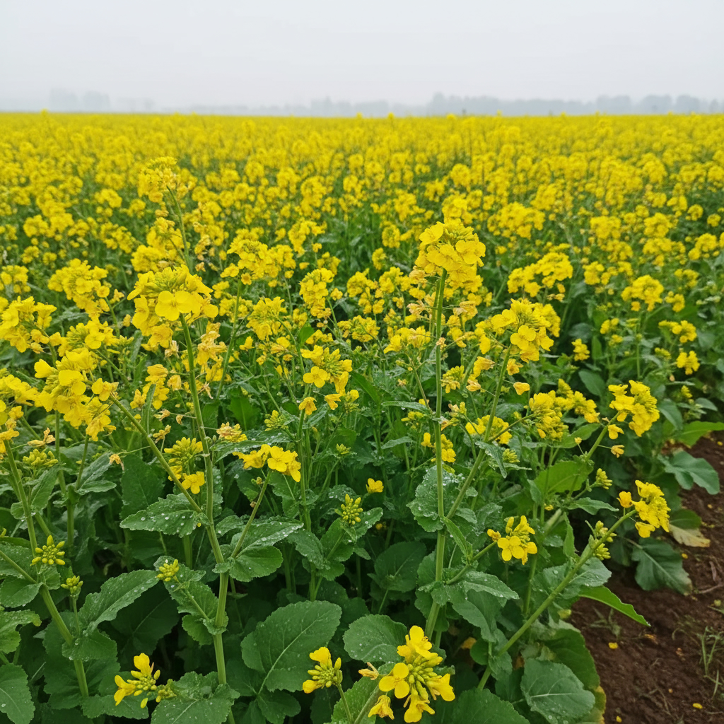 Цинк и бор повышают урожайность и устойчивость полевой горчицы Крупный план цветущего поля полевой горчицы (Brassica rapa) со здоровыми зелеными листьями и желтыми цветами.