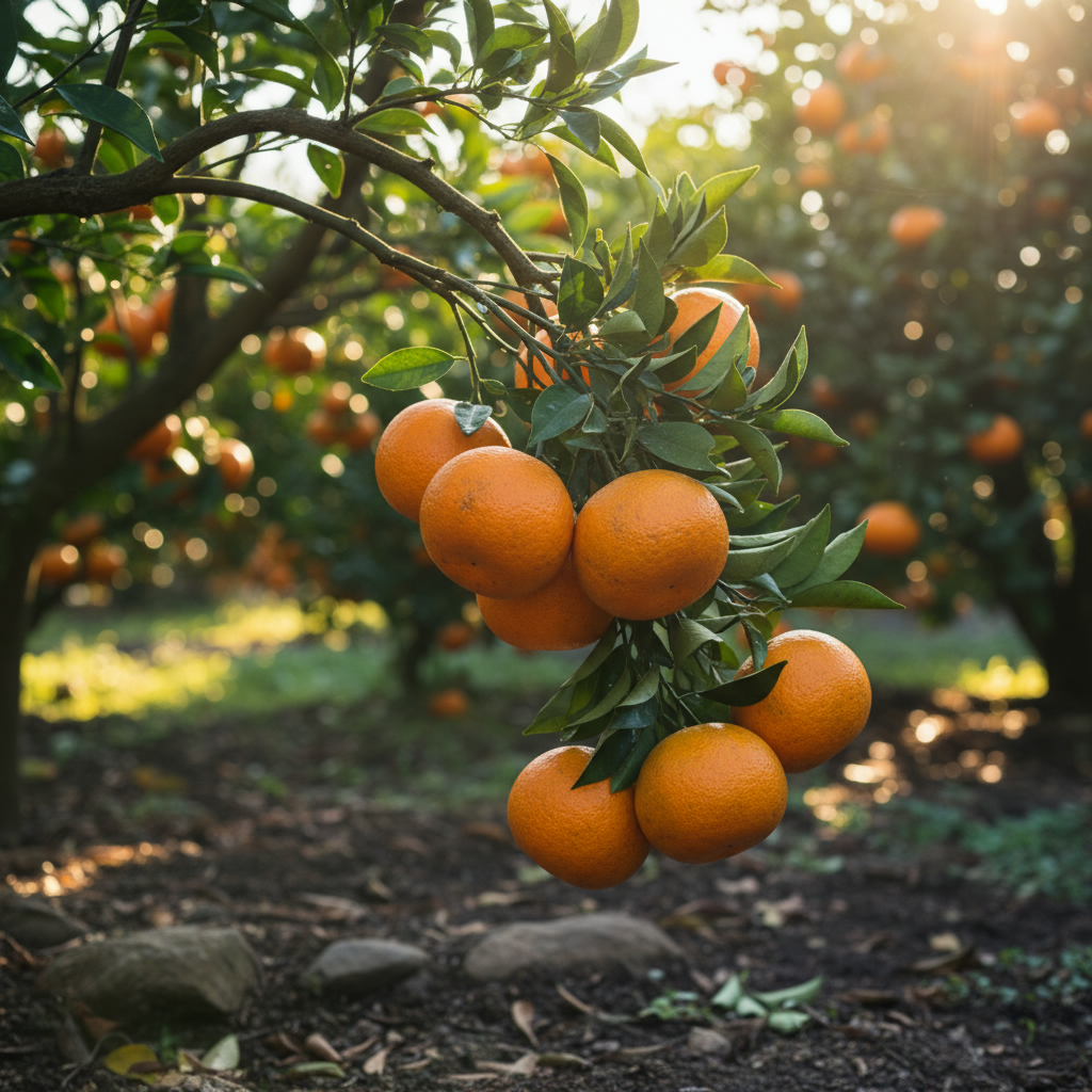 Исследование в Японии выявило компромиссы при выращивании мандаринов Ветка с сочными спелыми мандаринами в японском саду крупным планом. На заднем плане видны другие деревья и плодородная почва.
