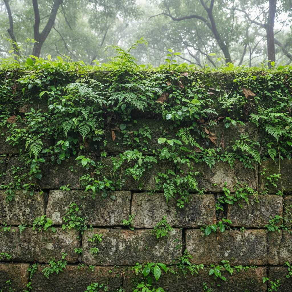Фрагмент древней каменной стены на острове Хайнань, покрытой мхом, папоротниками и вьющимися зелеными растениями.