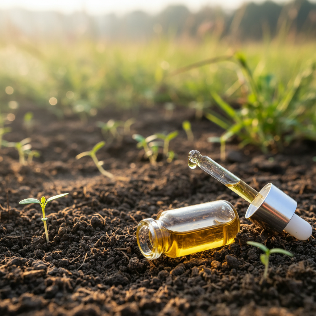 Плодородная почва с молодыми зелеными ростками, на которой стоит стеклянный флакон с эфирным маслом и пипетка.