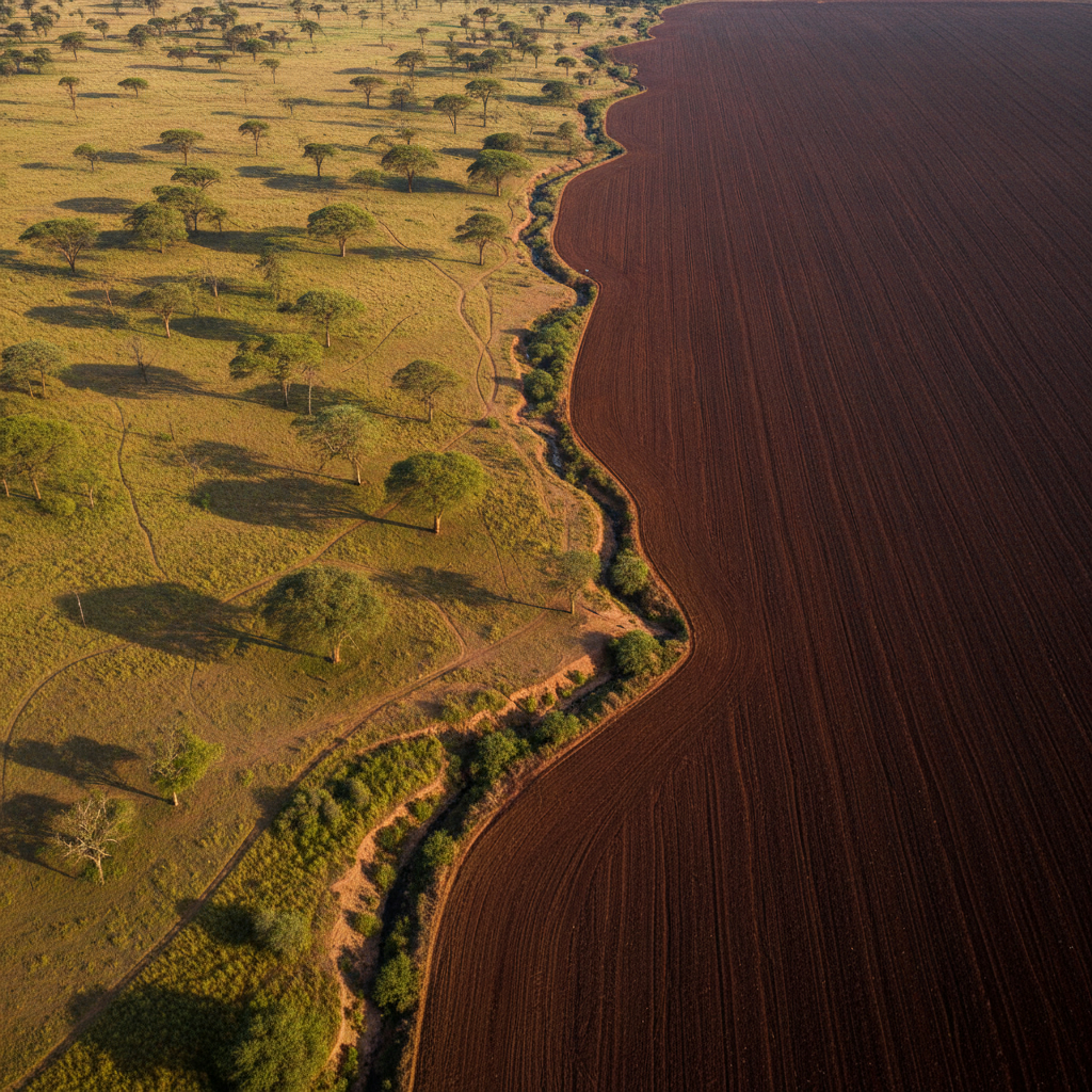 Вид с высоты на границу между эфиопской саванной с акациями и большим вспаханным сельскохозяйственным полем.