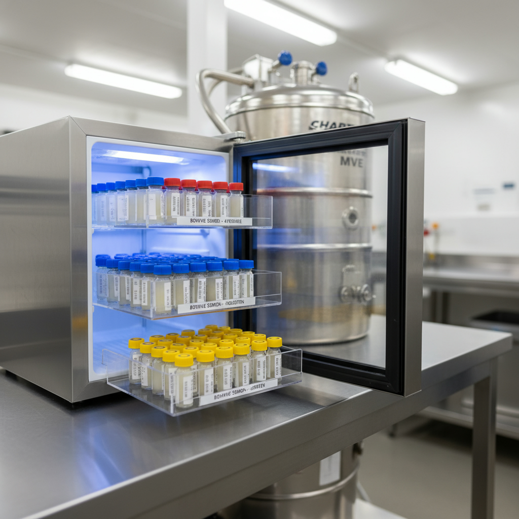 Лабораторный холодильник с пробирками на столе, на заднем плане – криогенный резервуар для жидкого азота.